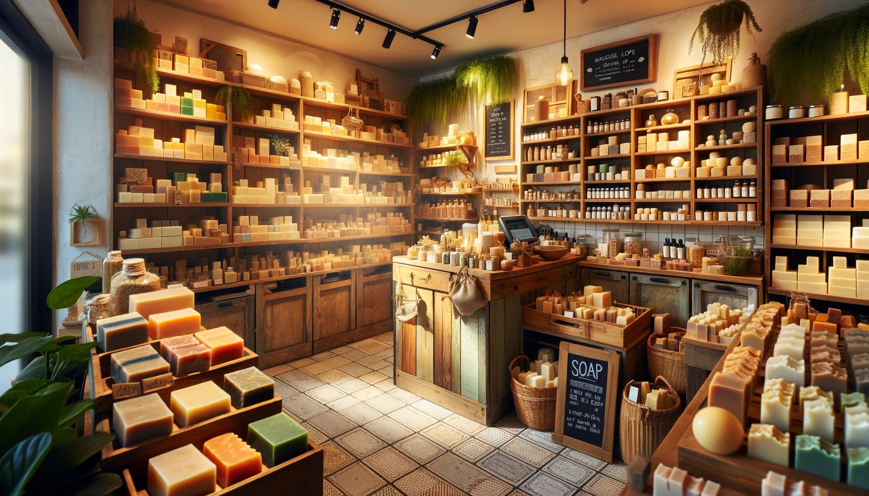 The image depicts a cozy and inviting interior of a handmade soap shop. It features wooden shelves filled with an array of handmade soaps in various shapes and colors, each labeled to indicate natural ingredients.