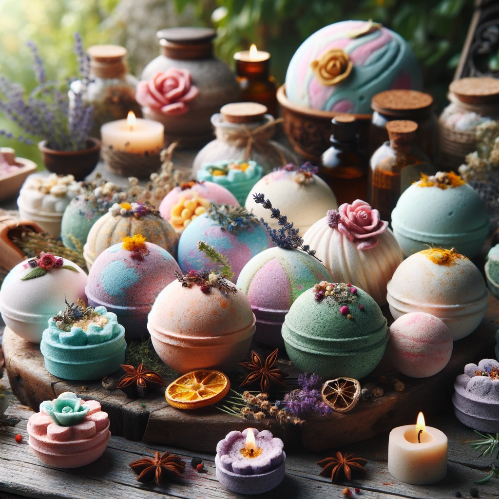 Here is an image representing a collection of handmade bath bombs, each infused with natural ingredients and essential oils