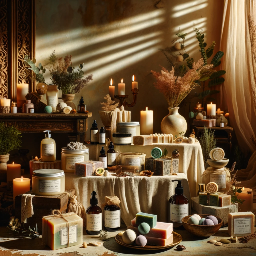 Here is an image representing a tranquil and elegant setting that showcases a variety of natural, handcrafted bath and body products from Spooklight Soap Co. 