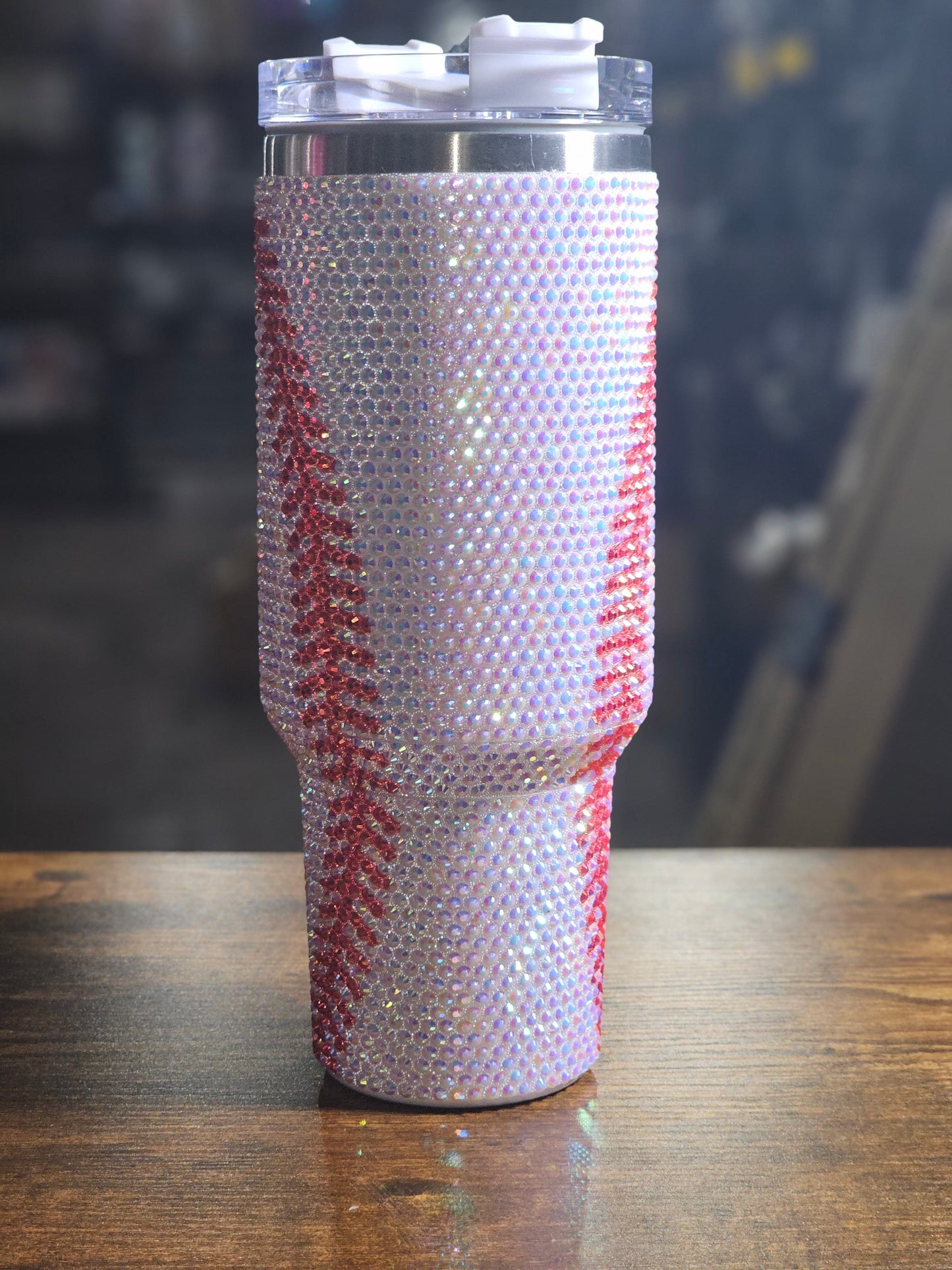 Sparkling Baseball 40oz Stainless Steel Tumbler - Luxury Rhinestone Encrusted, Insulated Drinkware for Sports Fans