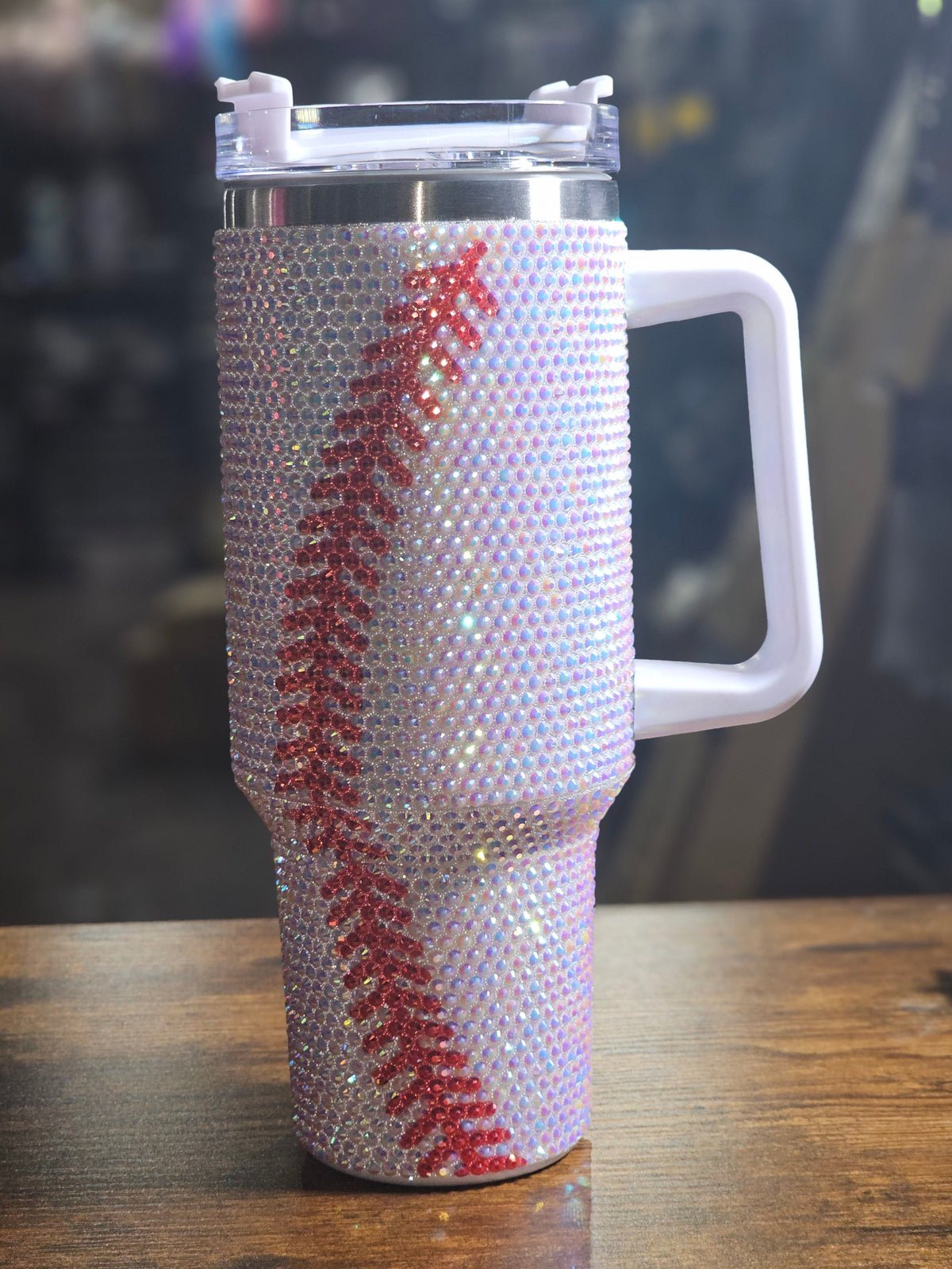 Sparkling Baseball 40oz Stainless Steel Tumbler - Luxury Rhinestone Encrusted, Insulated Drinkware for Sports Fans
