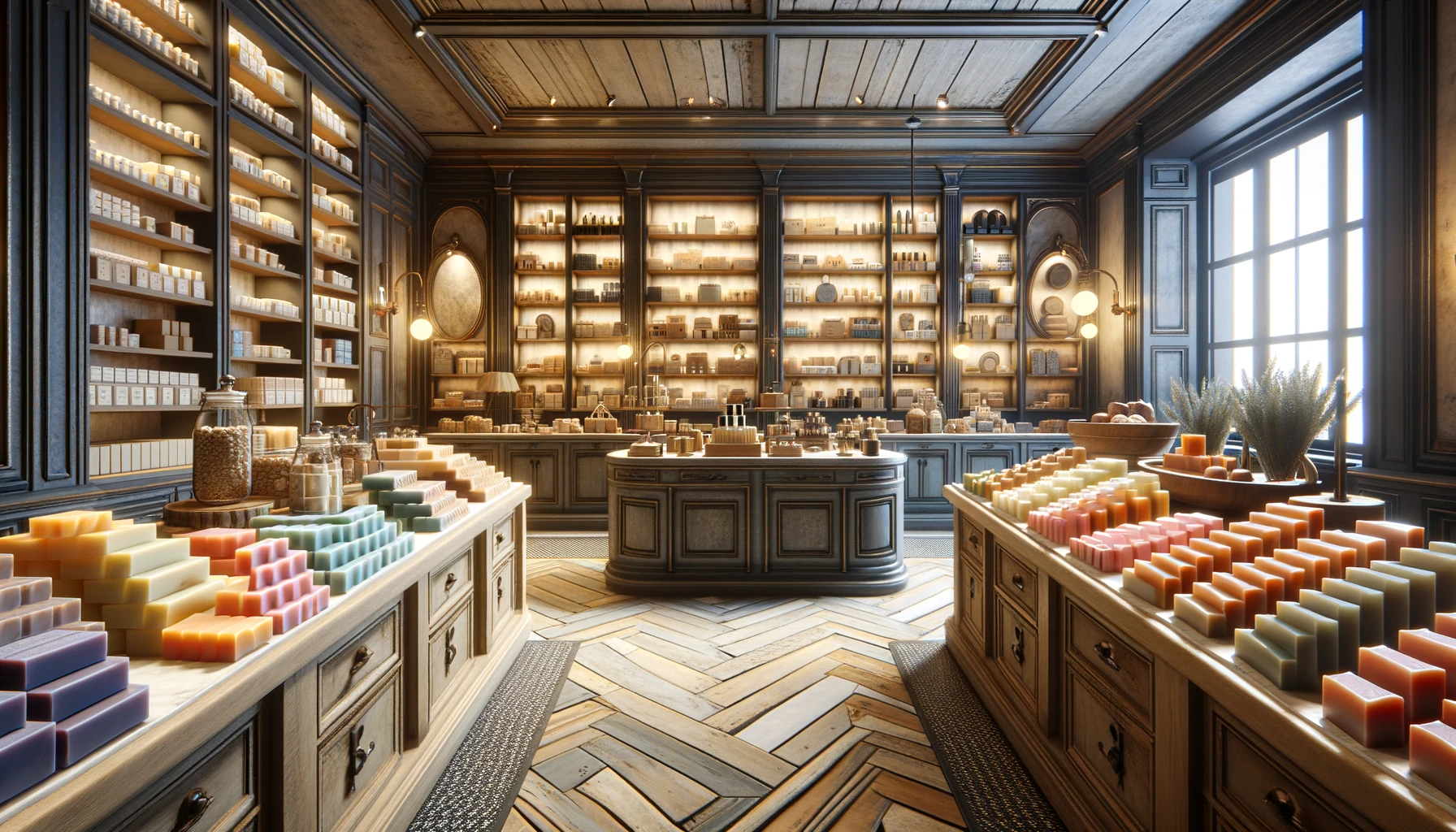 image depicting the interior of a fancy, handmade soap store.