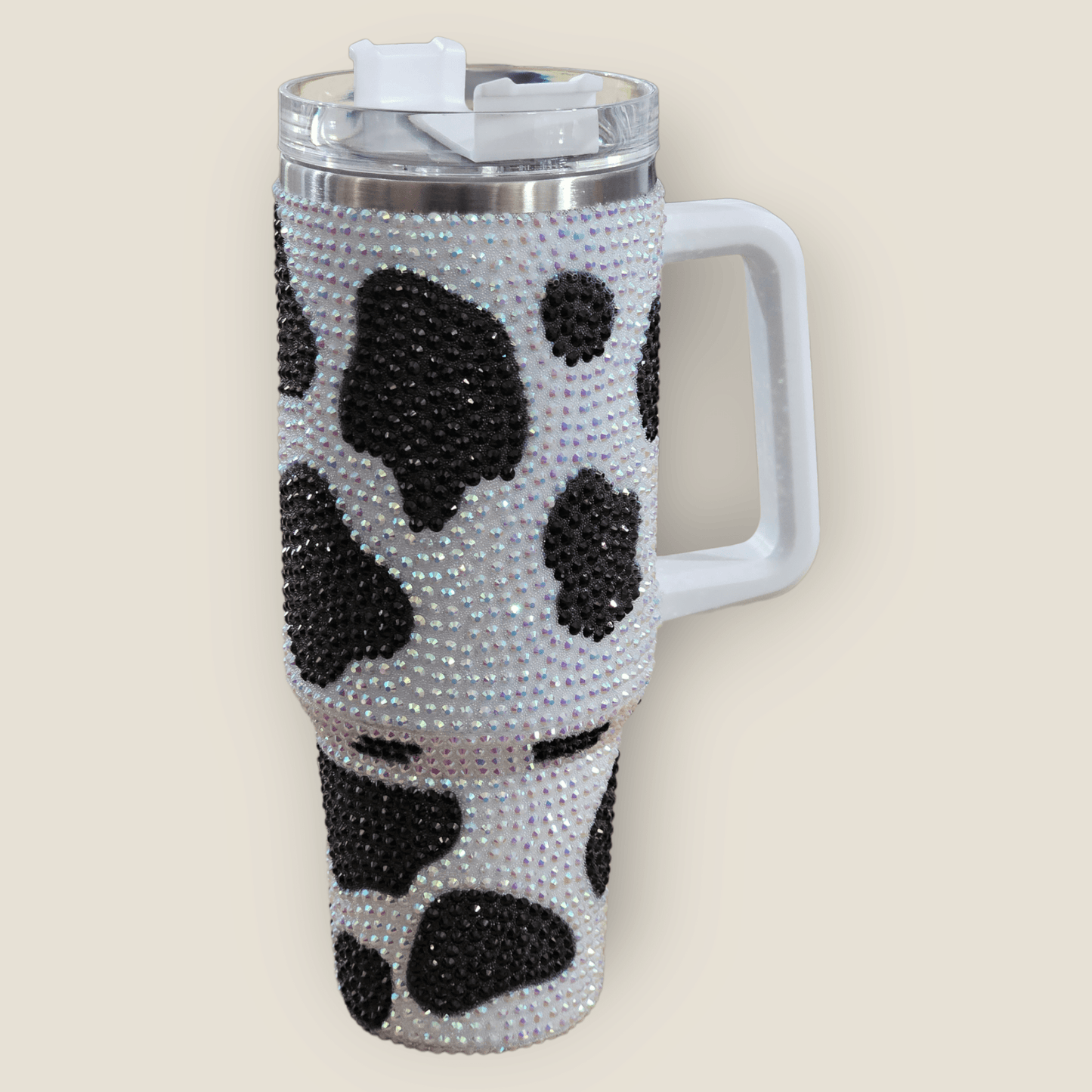 40oz Rhinestone Cow Print Tumbler – Blinged-Out Insulated Cup for hot or Cold Drinks