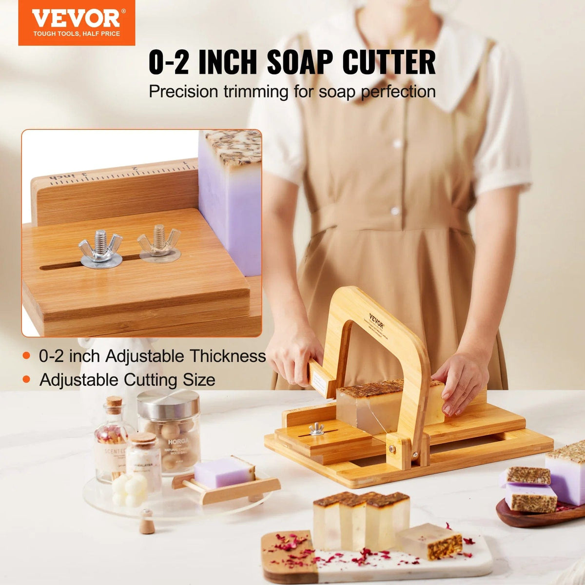 Precision Adjustable Bamboo Soap Cutter Kit - Versatile & Hygienic Crafting Tool with Easy Installation, Ideal for Handmade Soaps, Candles & More - Includes 1-Year Warranty