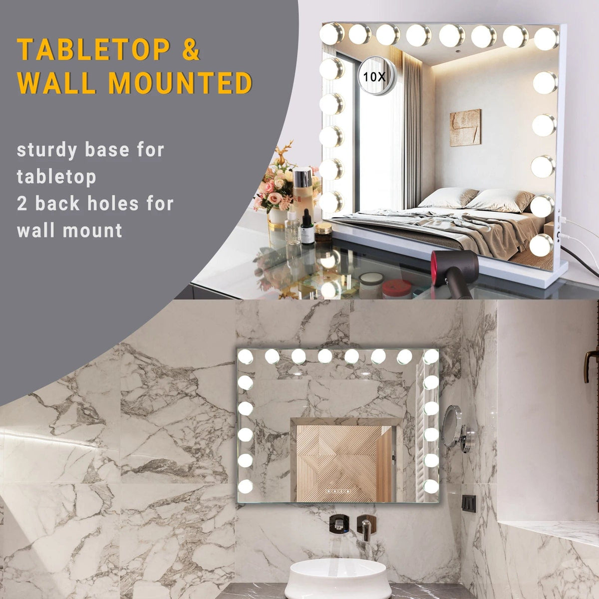 Hollywood Style LED Vanity Makeup Mirror 80x58cm - Dual Mounting, Bluetooth Speaker, Adjustable Lighting & Memory Mode Large Vanity Mirror With Lights And Bluetooth Speakers Dimmable LED Lights With 10 Times Magnification USB Port for Woman Makeup