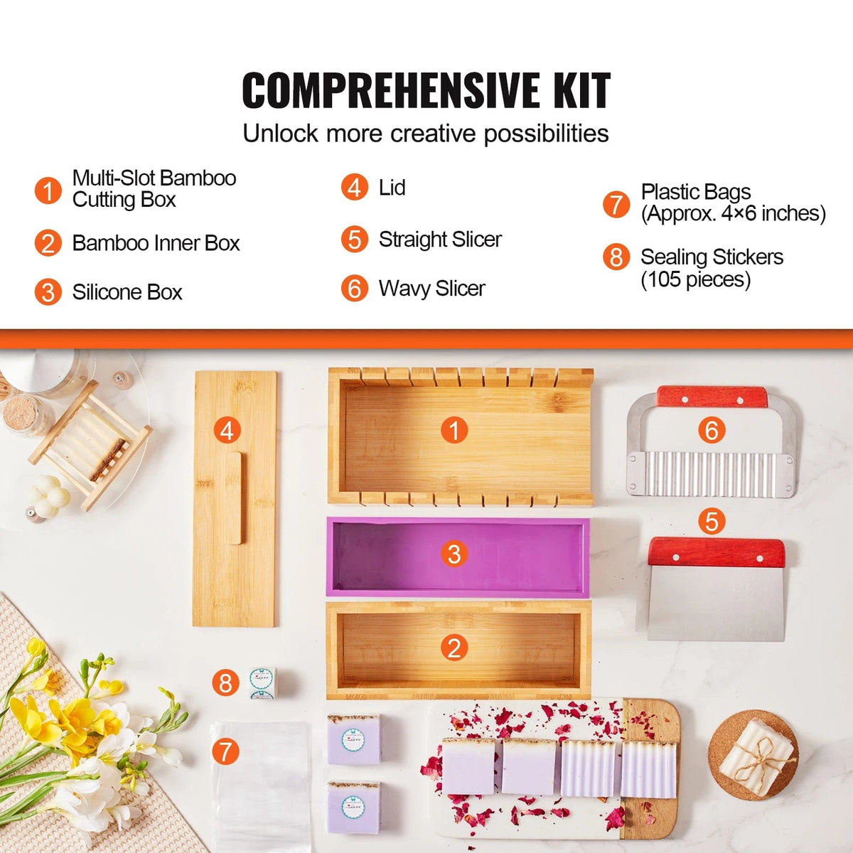 KH-Q02 Complete Soap Making Kit: Precision 1-Inch Cut with Bamboo Box, Silicone Molds, Stainless Steel Cutters - Ideal for DIY Handmade Soap Crafting